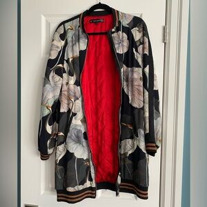 ZARA Long Floral Bomber Jacket Red Quilted Lining Size S